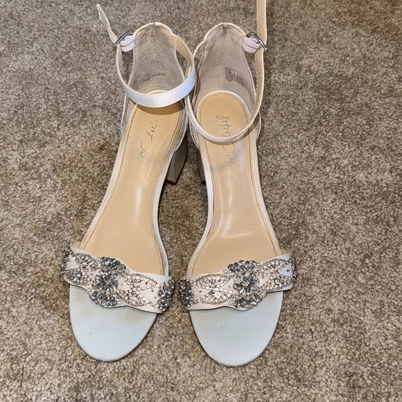 Betsey Johnson Satin Block Heel Crystal Embellished Sandals in Ivory - Picture 2 of 6